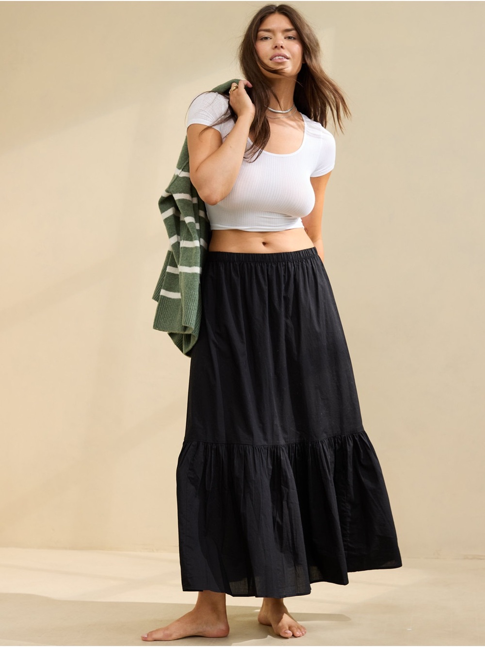 Aerie Poplin Tiered Maxi Skirt Black